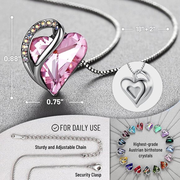 Infinity Love Birthstone Heart Pendant Quartz Pink Necklace Women Mom Silver - Picture 3 of 8